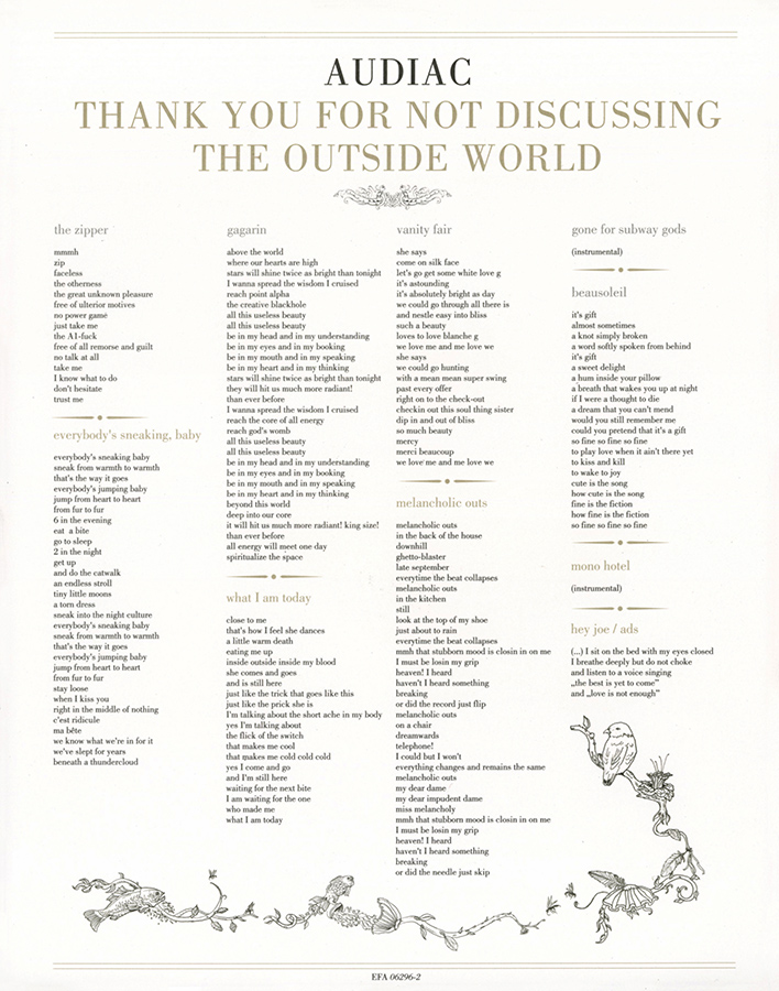 Audiac LP Thank You For Not Discussing The Outside World insert front