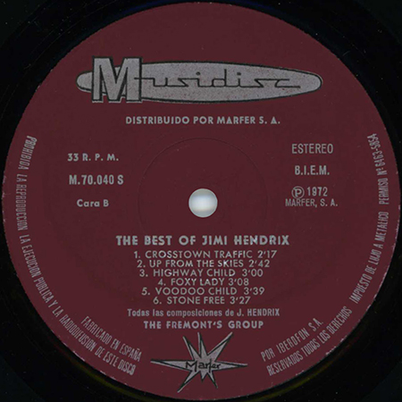 
fremont's goup lp best of jimi hendrix spain 1972 label 2