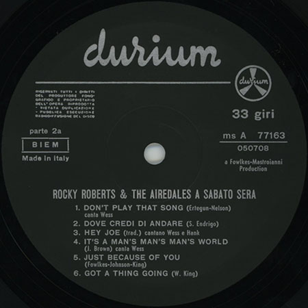 Rocky Roberts and the Airedales LP Sabato Sera Italy label 2