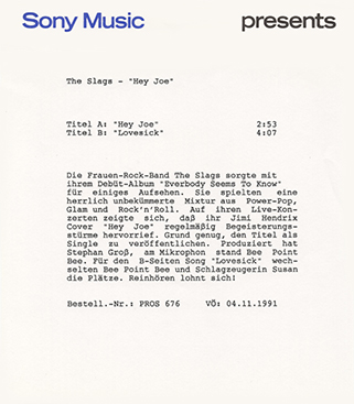 slags single hey joe lovesick promo sheet in German