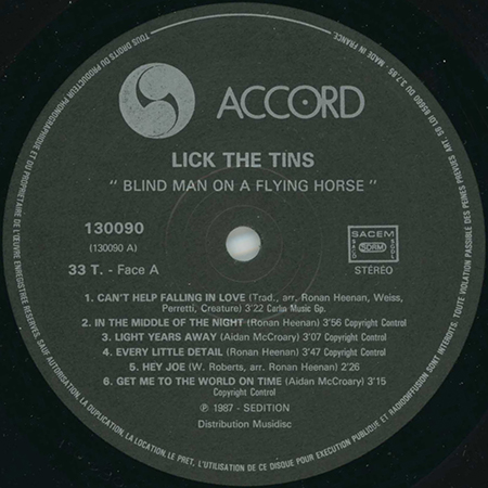 Lick The Tins LP Blind Man On a Flying Horse accord  label 1